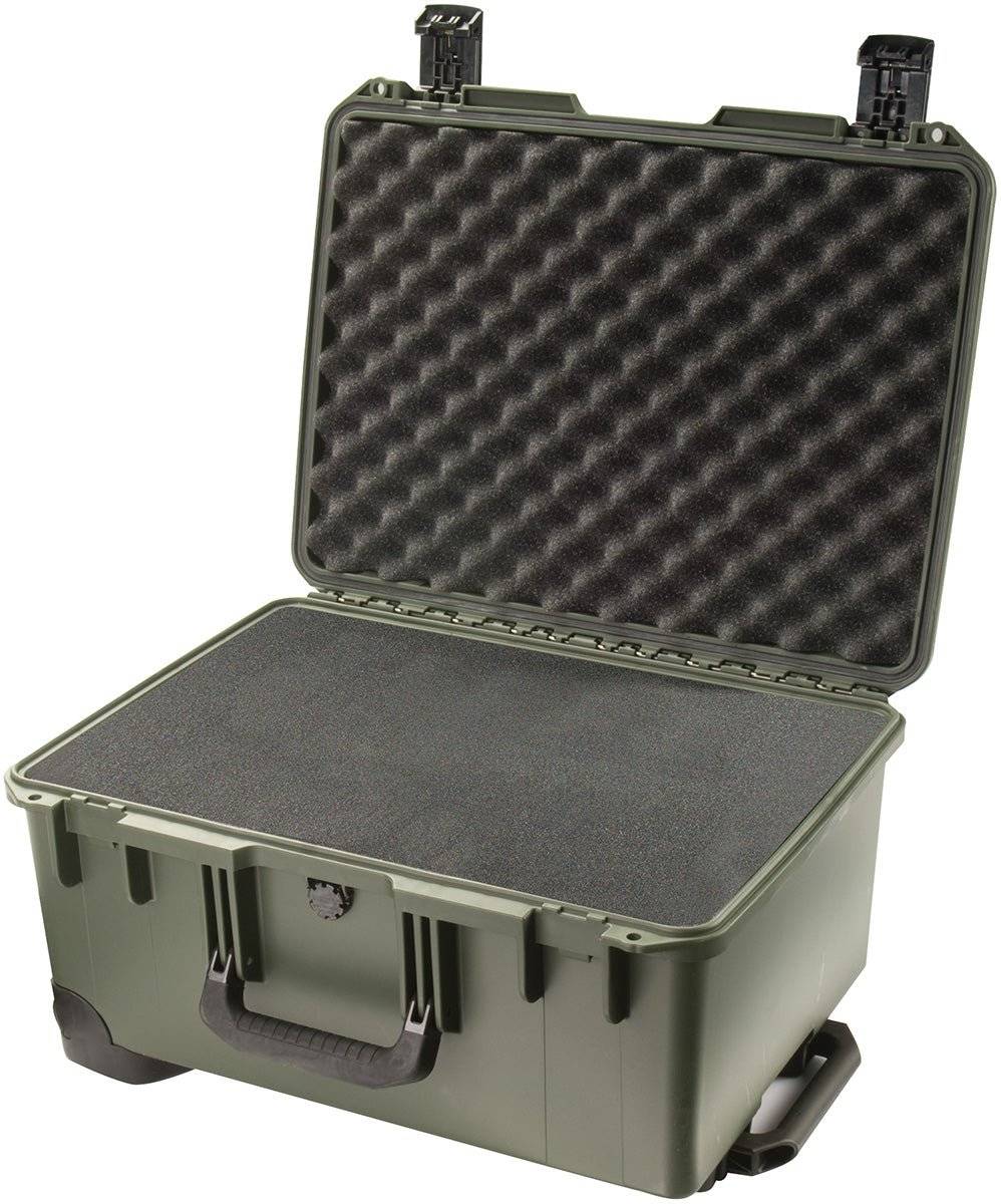 The iM2620 Storm Travel Case is a green hard-shell case with an open lid, featuring egg crate foam for cushioning; this crushproof case keeps your valuables protected.