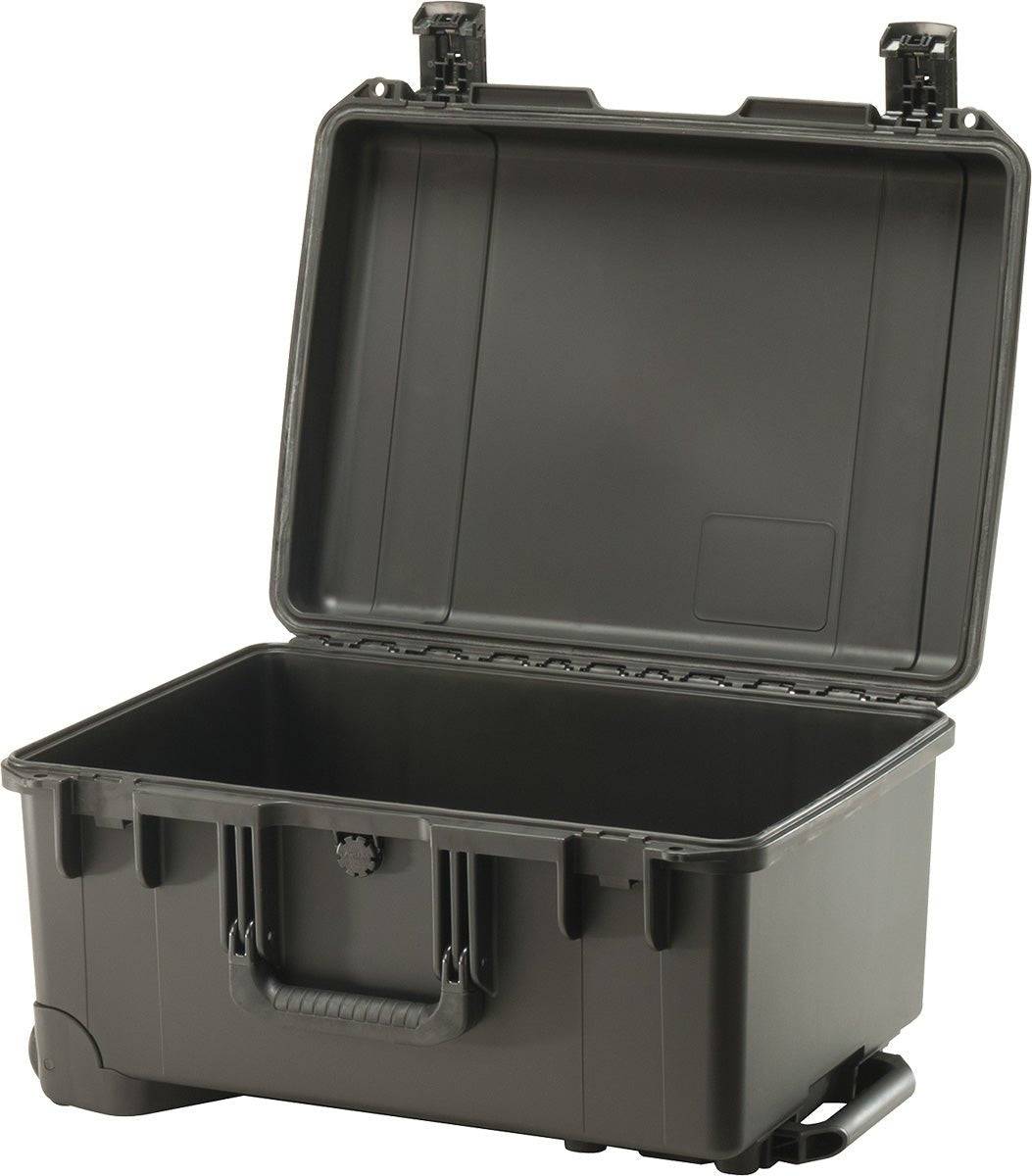 The iM2620 Storm Travel Case is shown open in black, highlighting its hard plastic, crushproof, and watertight design with an empty interior and a front handle for easy carrying.