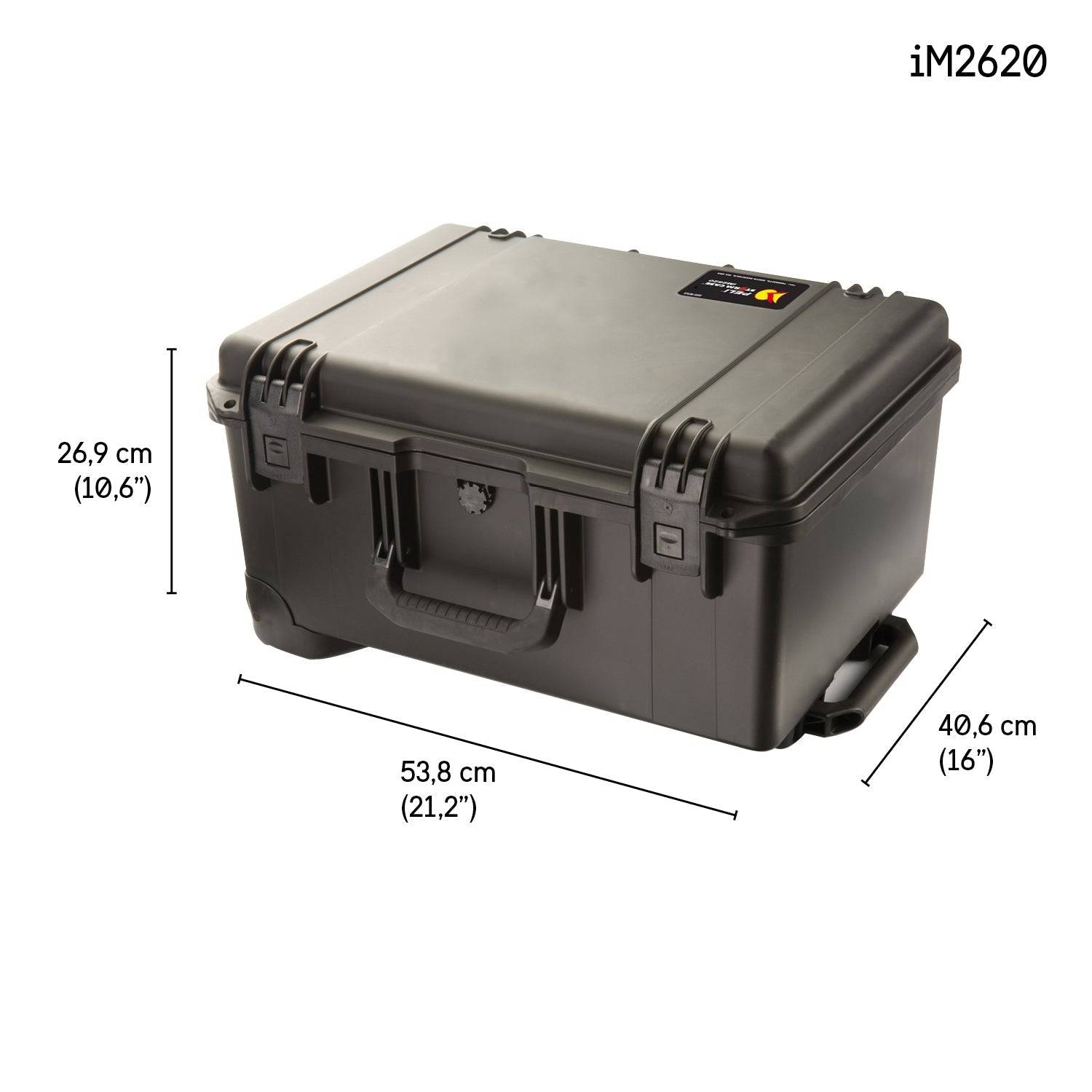 The iM2620 Storm Travel Case is a black, hard-shell, crushproof case with exterior dimensions of 26.9 cm (H) x 53.8 cm (W) x 40.6 cm (D), offering durable protection for your gear. Model shown: iM2620.