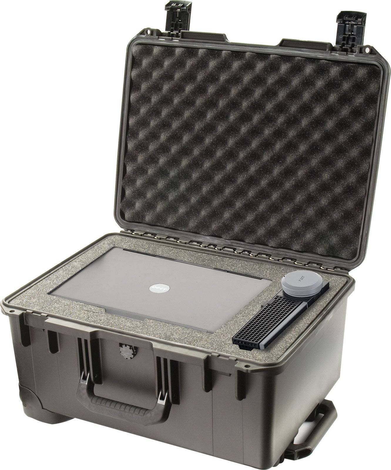 An iM2620 Storm Travel Case with foam interior displays a flat electronic device, a round sensor, and a rectangular component. The crushproof, watertight case sits open with its lid up, ready to protect its valuable contents.