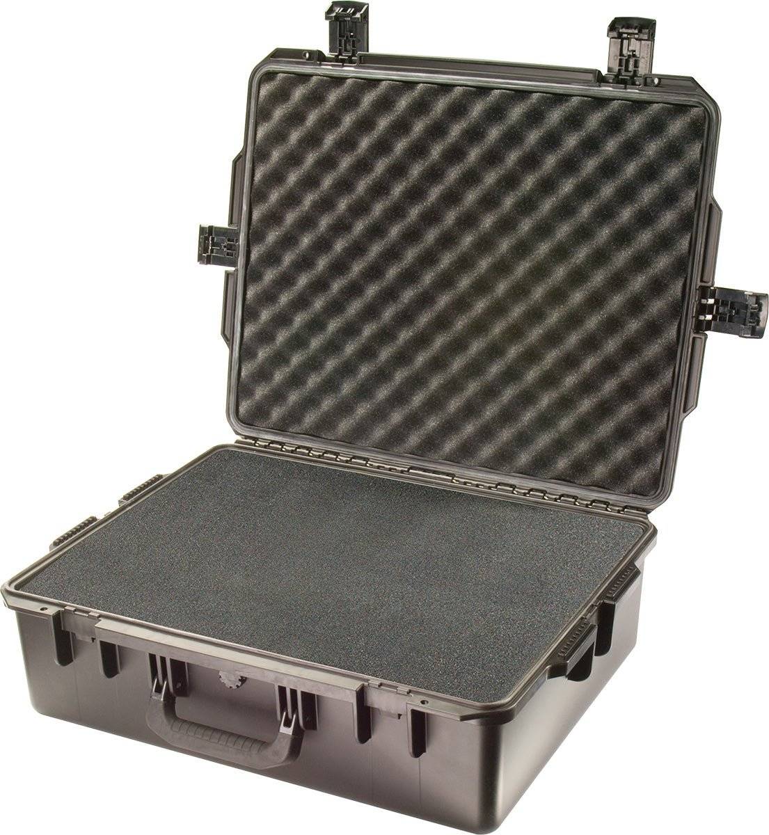 The iM2700 Storm Case is made of hard plastic with an open lid, showing egg crate foam padding in the top and flat foam at the bottom, offering watertight protection for secure storage.
