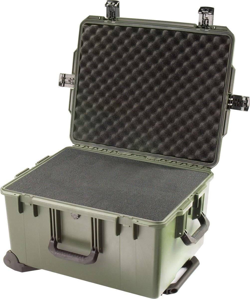 An open olive green iM2750 Storm Travel Case with reinforced corners, secure latches, and custom foam fittings inside.