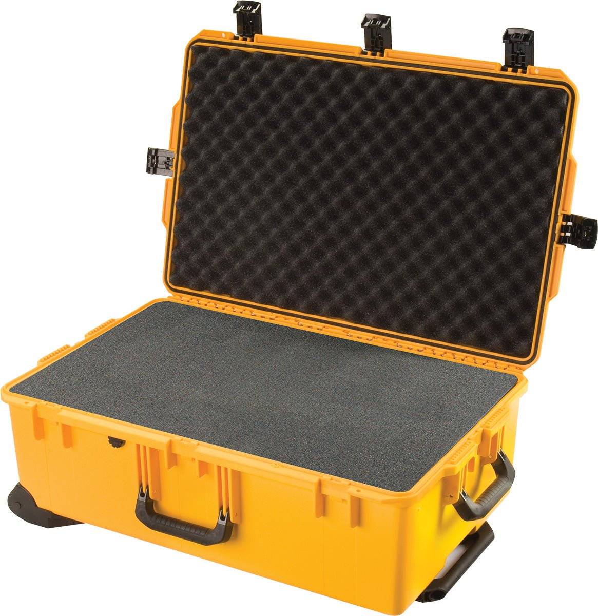 An open yellow iM2950 Storm Travel Case reveals custom CNC foam fittings in the lid and base, with black latches and a handle visible for secure protection.