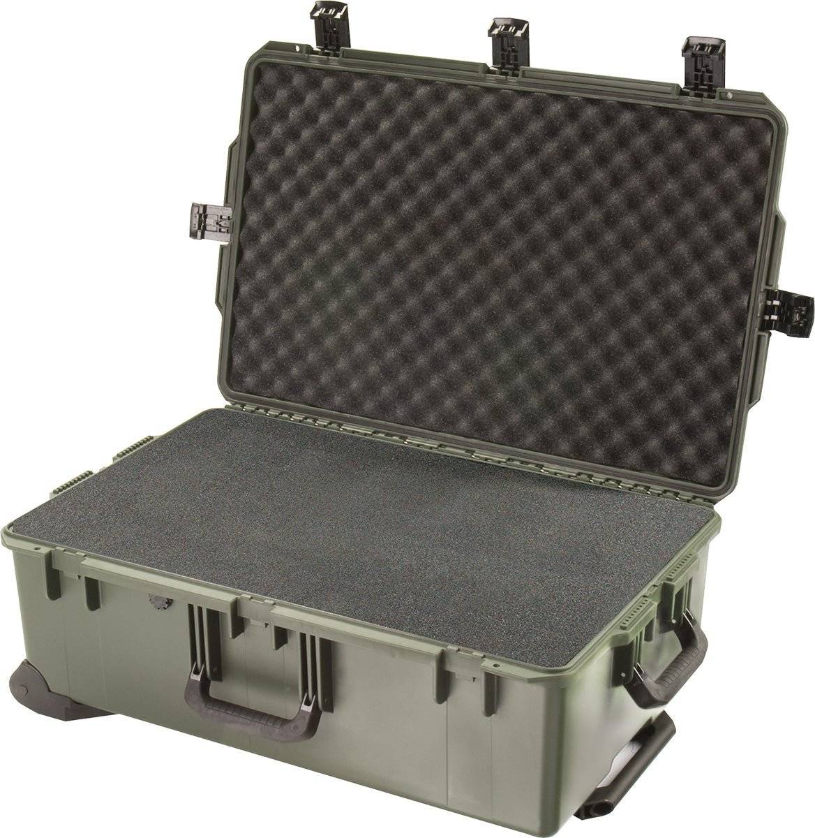 The iM2950 Storm Travel Case, shown open with egg-crate foam in the lid and flat foam in the base, features secure latches, carrying handles, and is ideal for custom CNC foam fittings.