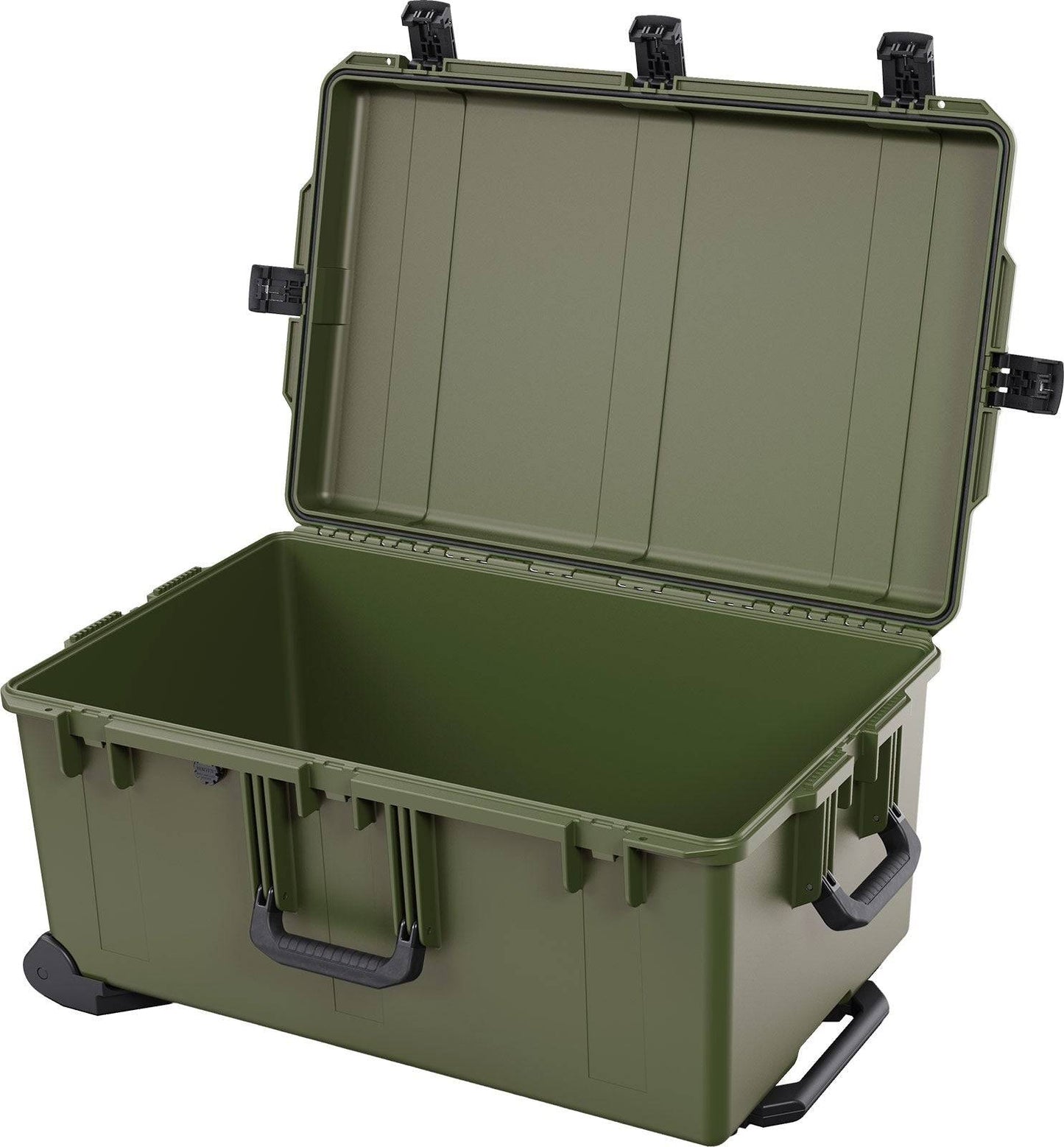 The iM2975 Storm Travel Case is a large green case with an open hinged lid, black side handles, Press & Pull latches, and custom CNC foam inside for secure storage.