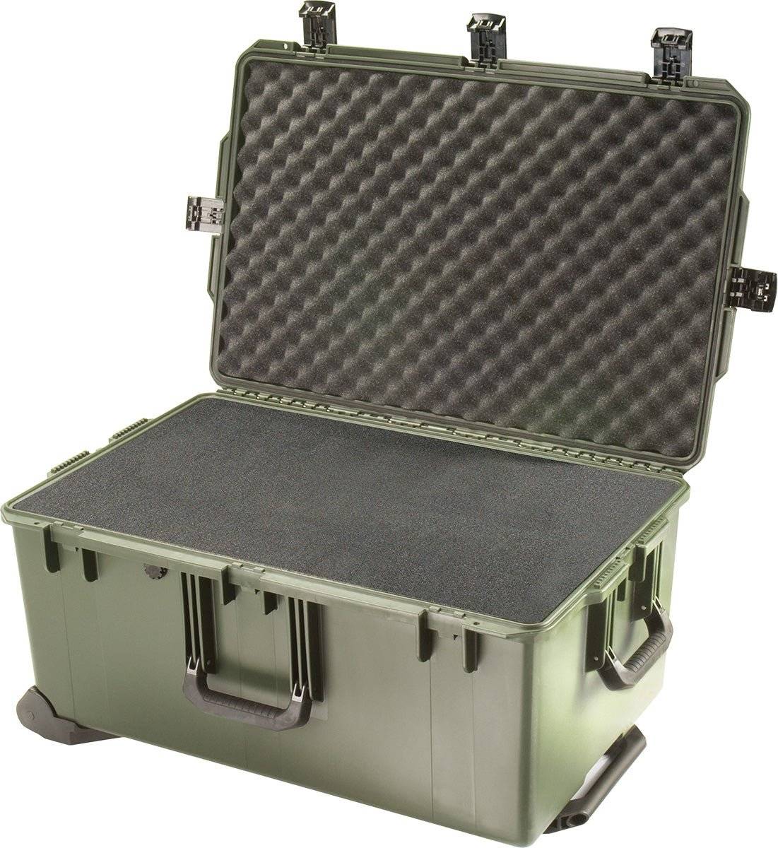 The iM2975 Storm Travel Case is a large green case with handles, open to show custom-cut CNC foam and egg crate foam padding in the lid. It features a durable hard shell and secure Press and Pull latches.