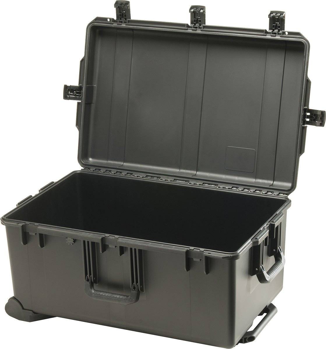 The iM2975 Storm Travel Case is a large, hard plastic black case with a hinged lid, side handles, and secure Press and Pull latches—perfect for custom CNC foam fittings.