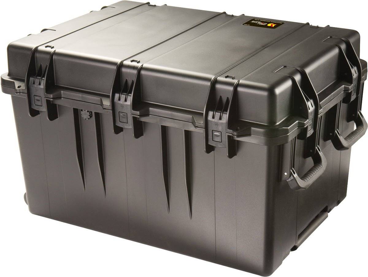 The iM3075 Storm Transport Case is made of black hard plastic with reinforced edges, Press and Pull latches, side carrying handles, and custom CNC foam fittings to securely protect your gear.