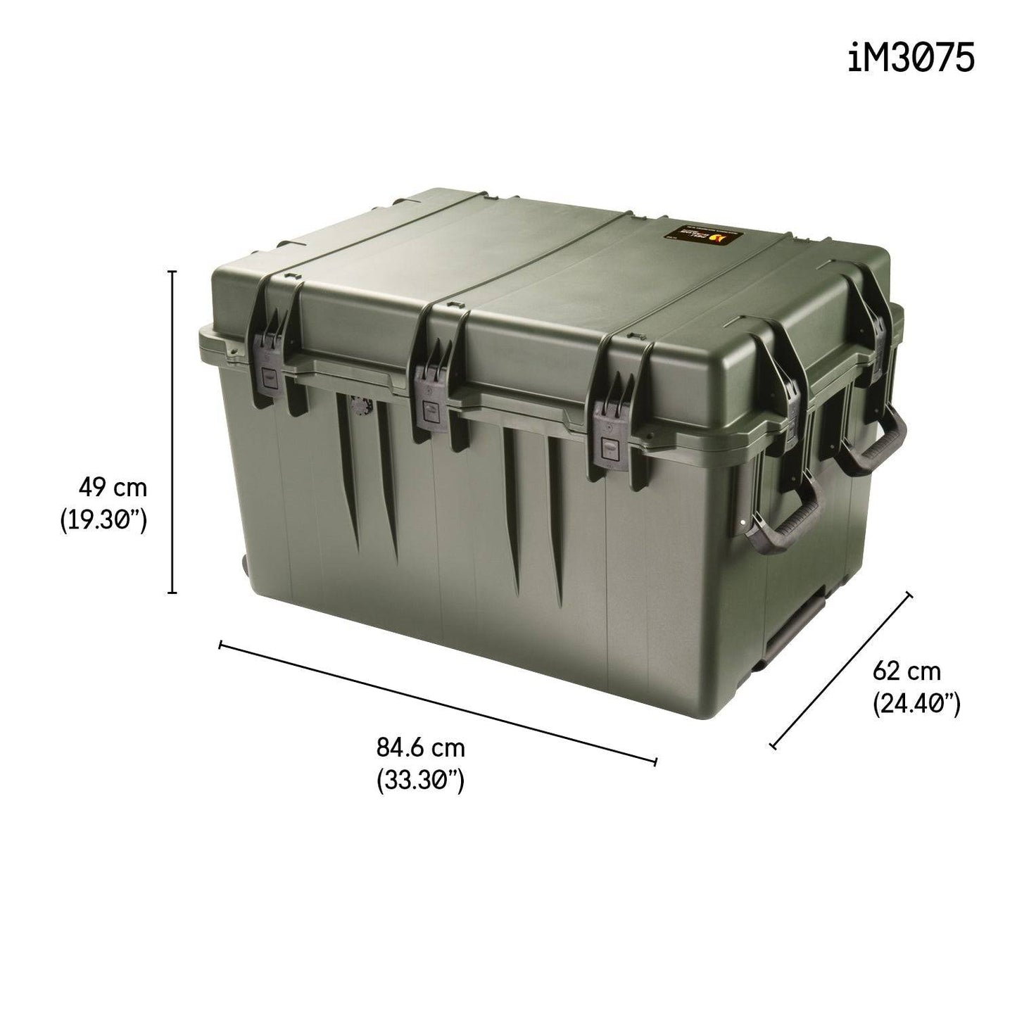 A large green iM3075 Storm Transport Case with handles and Press & Pull latches, measuring 49 cm high, 84.6 cm wide, and 62 cm deep. Ideal for storage; optional custom CNC foam fittings available.
