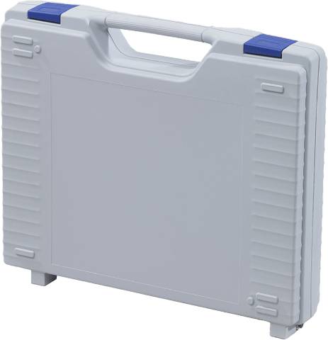 The Jazz 5005 is a closed, light gray plastic storage case with a handle, two blue latches, and internal foam inserts, standing upright on a white background.