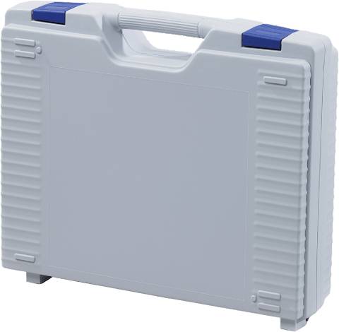 The Jazz 5012 is a closed, light gray hard plastic protective case featuring a handle, two blue latches on top, and a modern design.