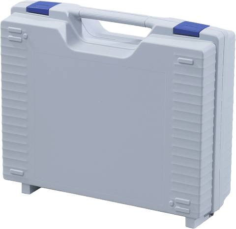 The Jazz 5013 is a closed, light gray plastic technical case with a modern design, a handle, and two blue latches on the top edge, shown standing upright against a white background.