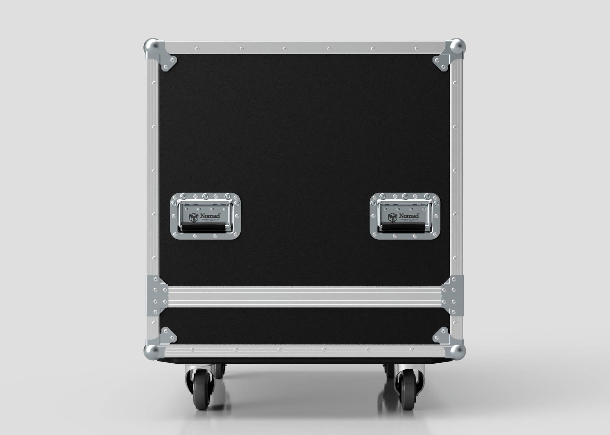 The Large Engine Case is a black rectangular storage case with metal reinforcements, two handles, and wheels. Its internal dimensions are 860 x 710 x 710 mm, ideal for safely transporting gear against a plain light background.