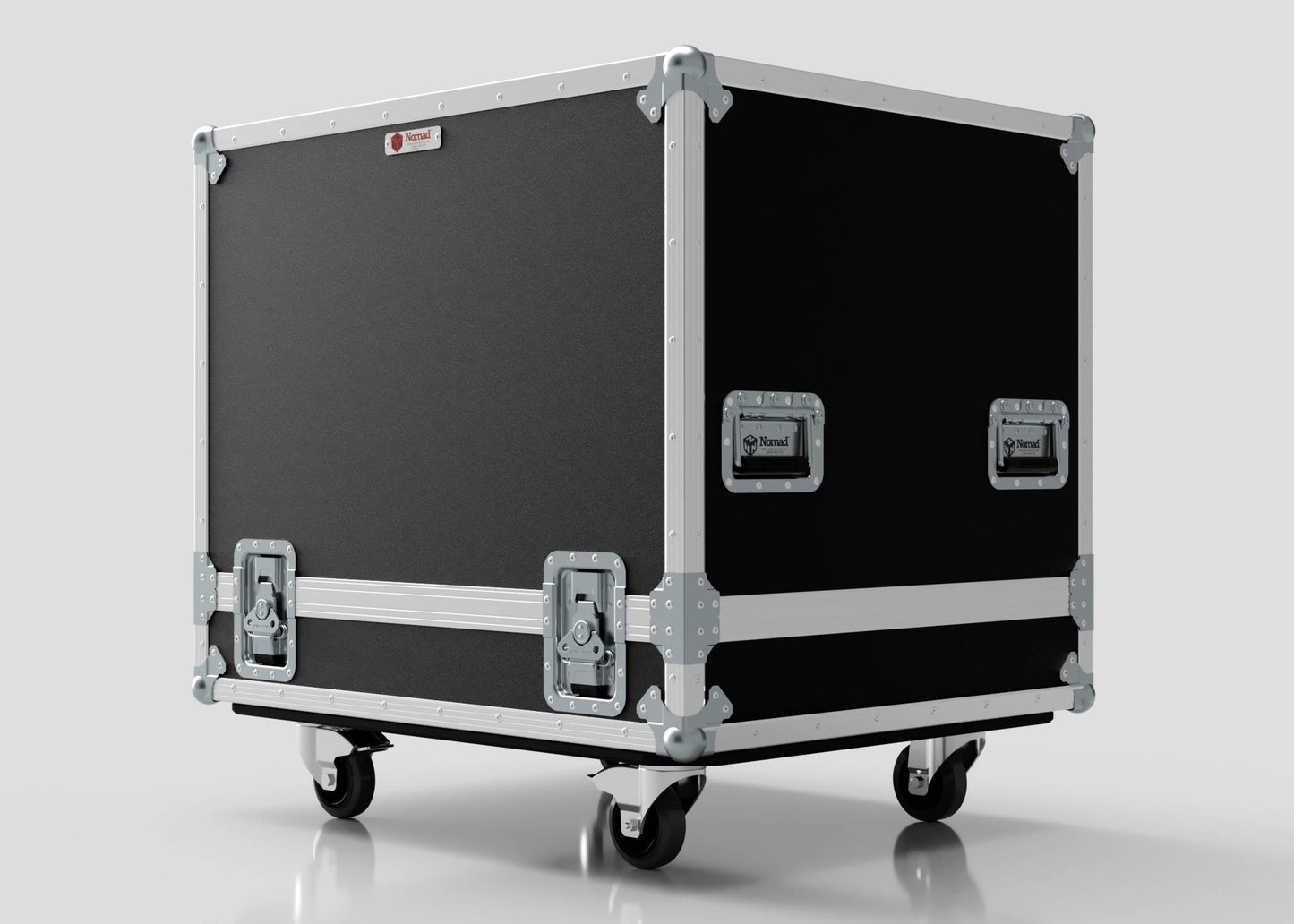 The Large Engine Case is a black flight case with metal edges, side handles, and four caster wheels. Its internal dimensions are 860 x 710 x 710 mm, and it is shown against a plain light background.