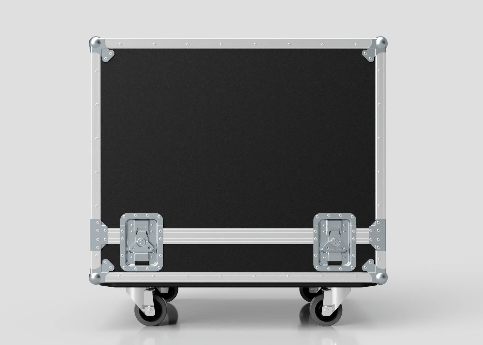 A Large Engine Case in black with metal corners, latches, and wheels is displayed against a light gray background. Its internal dimensions are 860 x 710 x 710 mm.