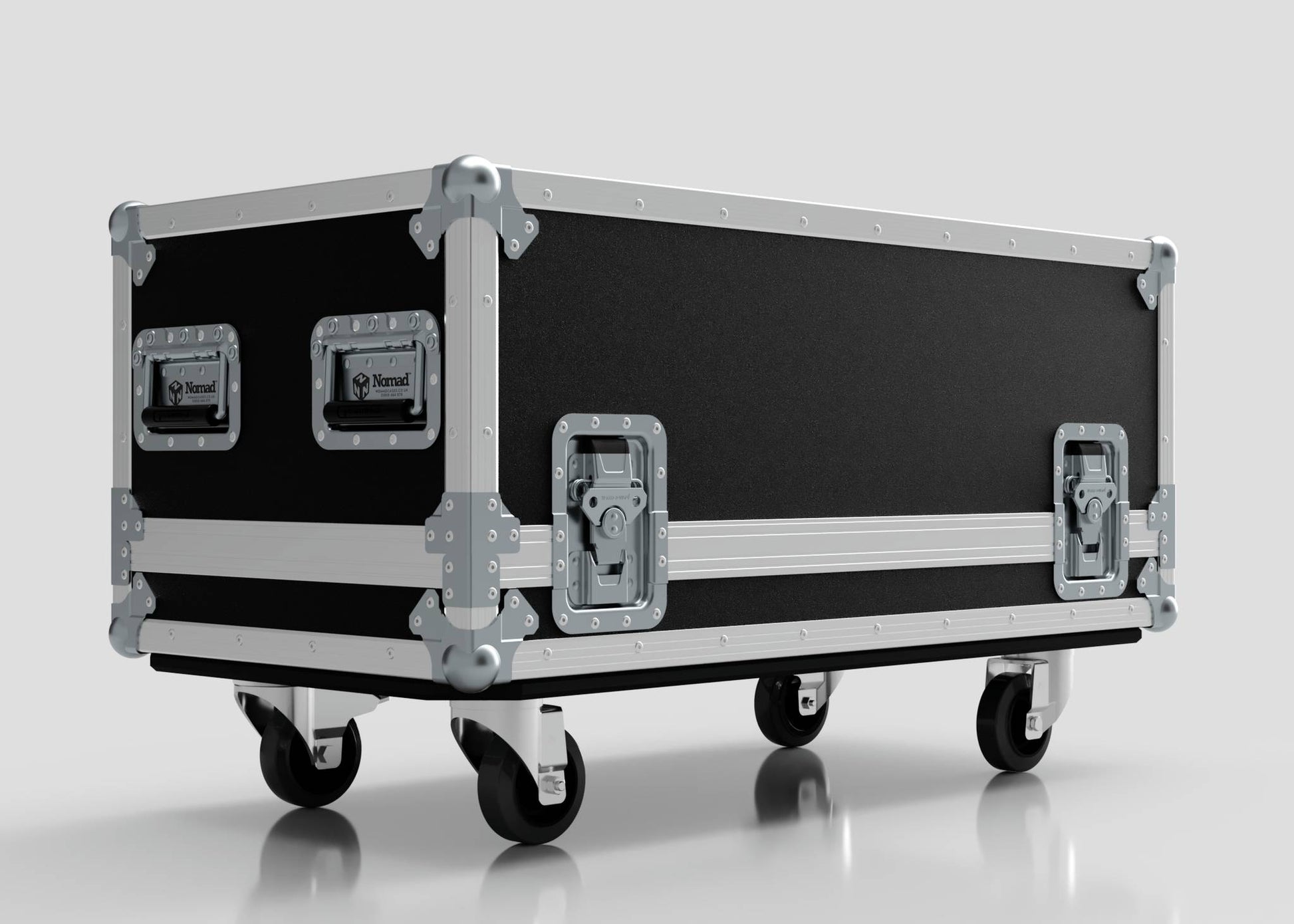 The Medium Gearbox Case is a black and silver rolling equipment case with metal reinforcements, latches, caster wheels, and internal dimensions of 940 x 450 x 400 mm, shown against a plain background.
