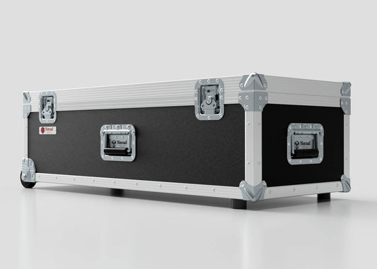The Lid Maker Trunk Case is a large, black and silver hard case with metal reinforcements and latches, measuring 1010 x 400 x 410 mm, shown on a white surface.