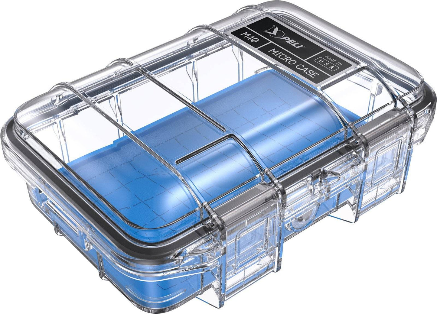 The M40 PELI Micro™ Case is a clear plastic case with a blue base, secure latches, and a black M40 Micro Case Series label, offering crushproof and waterproof protection for your valuables.