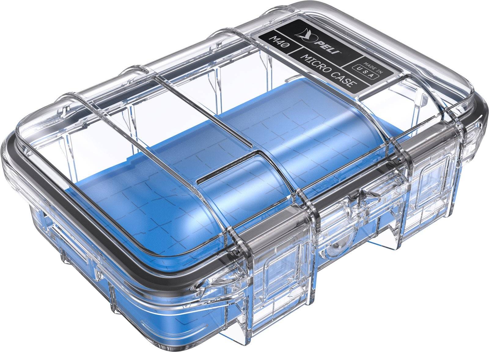 The M40 PELI Micro™ Case is a clear plastic case with a blue base, secure latches, and a black M40 Micro Case Series label, offering crushproof and waterproof protection for your valuables.