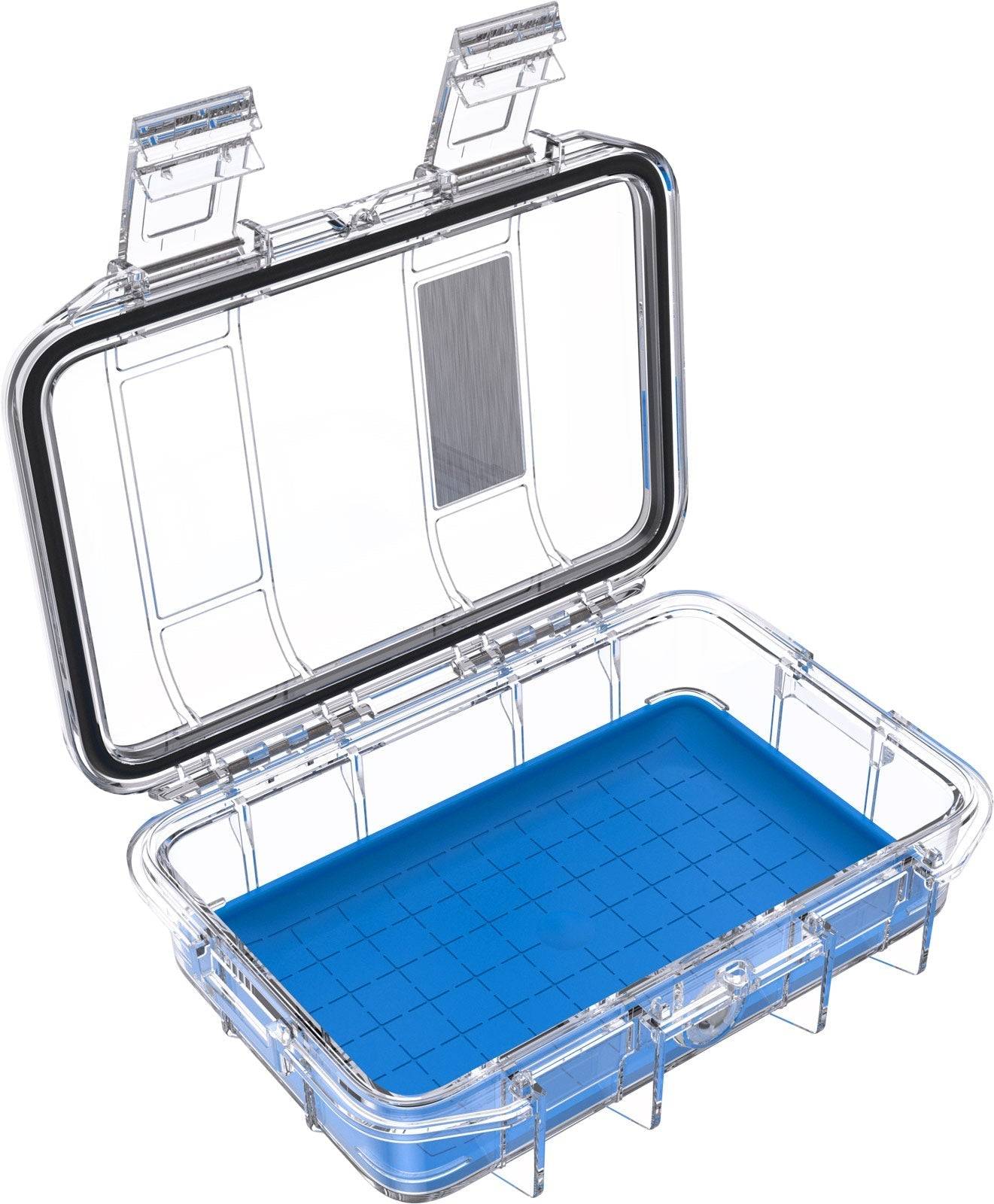 The M40 PELI Micro™ Case, featuring a clear IP67 design and hinged lid, is open to reveal a blue, grid-marked interior base for organized, waterproof protection.
