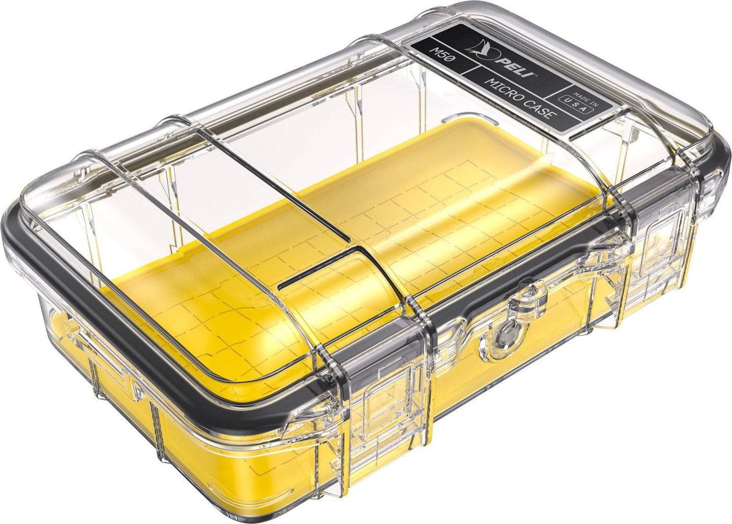 The M50 PELI Micro™ Case is a clear hard plastic micro case with black trim and a yellow interior base. This crushproof case offers secure storage for small items and features IP67 dustproof and waterproof protection.