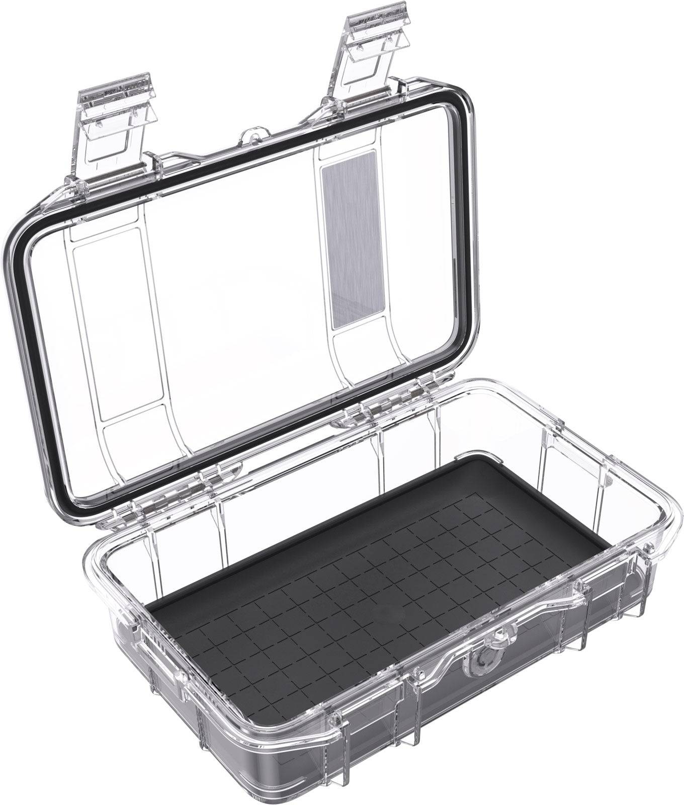 The M50 PELI Micro™ Case features a clear, hard plastic waterproof design with an open hinged lid and black grid-patterned base, ideal for protective storage.