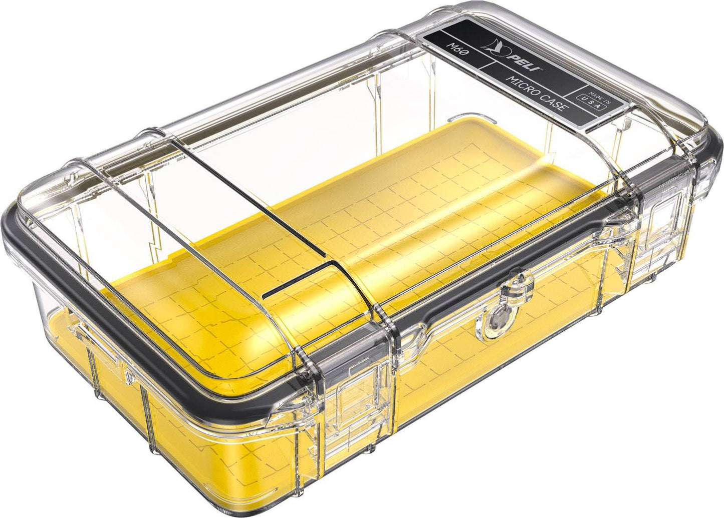 The M60 PELI Micro™ Case features a clear hard plastic shell, yellow base, and secure latch, offering crushproof protection for reliable storage and durability.