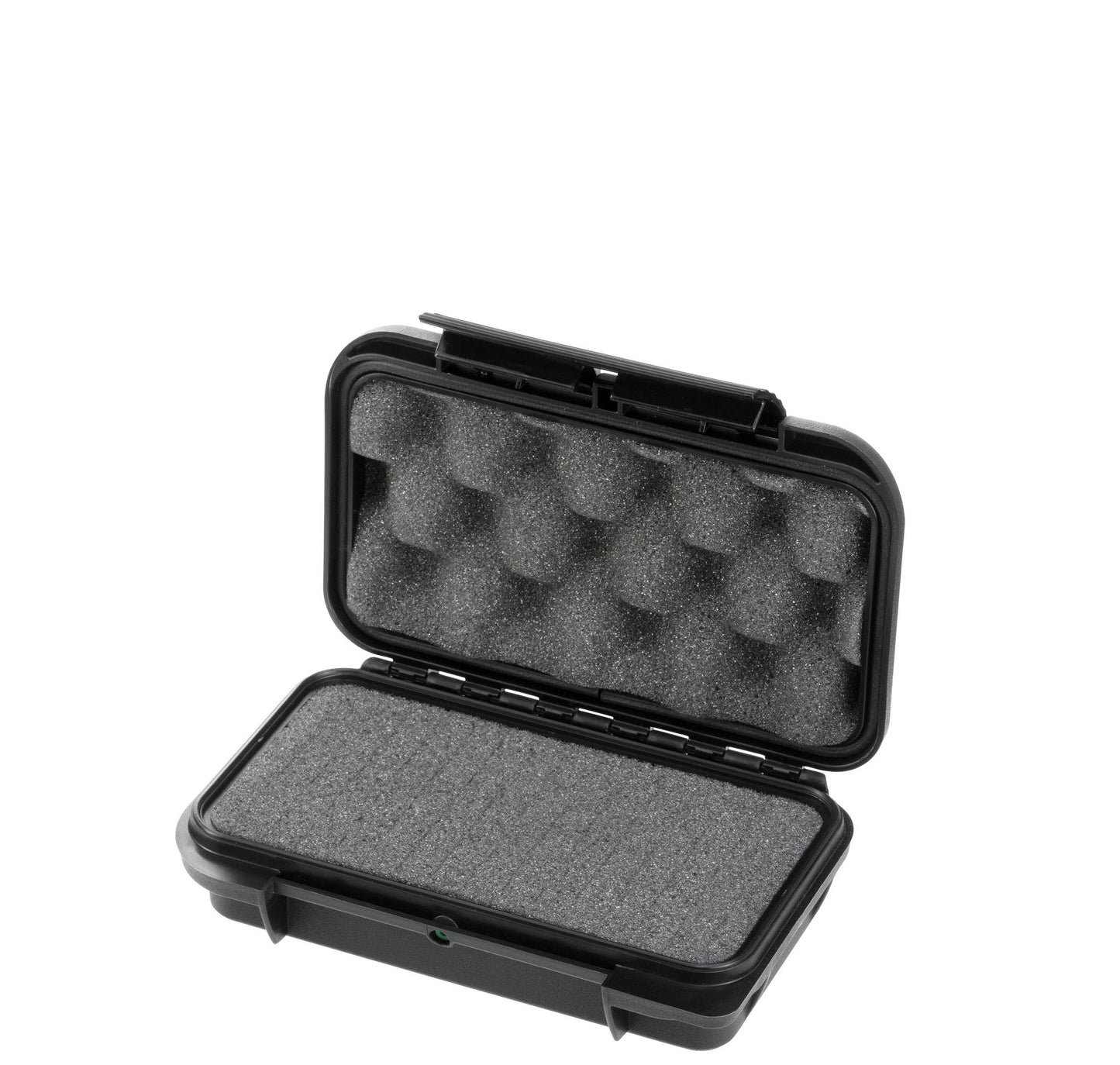 The MAX001 is a small black polypropylene copolymer case with an open lid, egg crate foam in the lid, and flat foam in the base. This IP67 waterproof case is perfect for protecting delicate items.