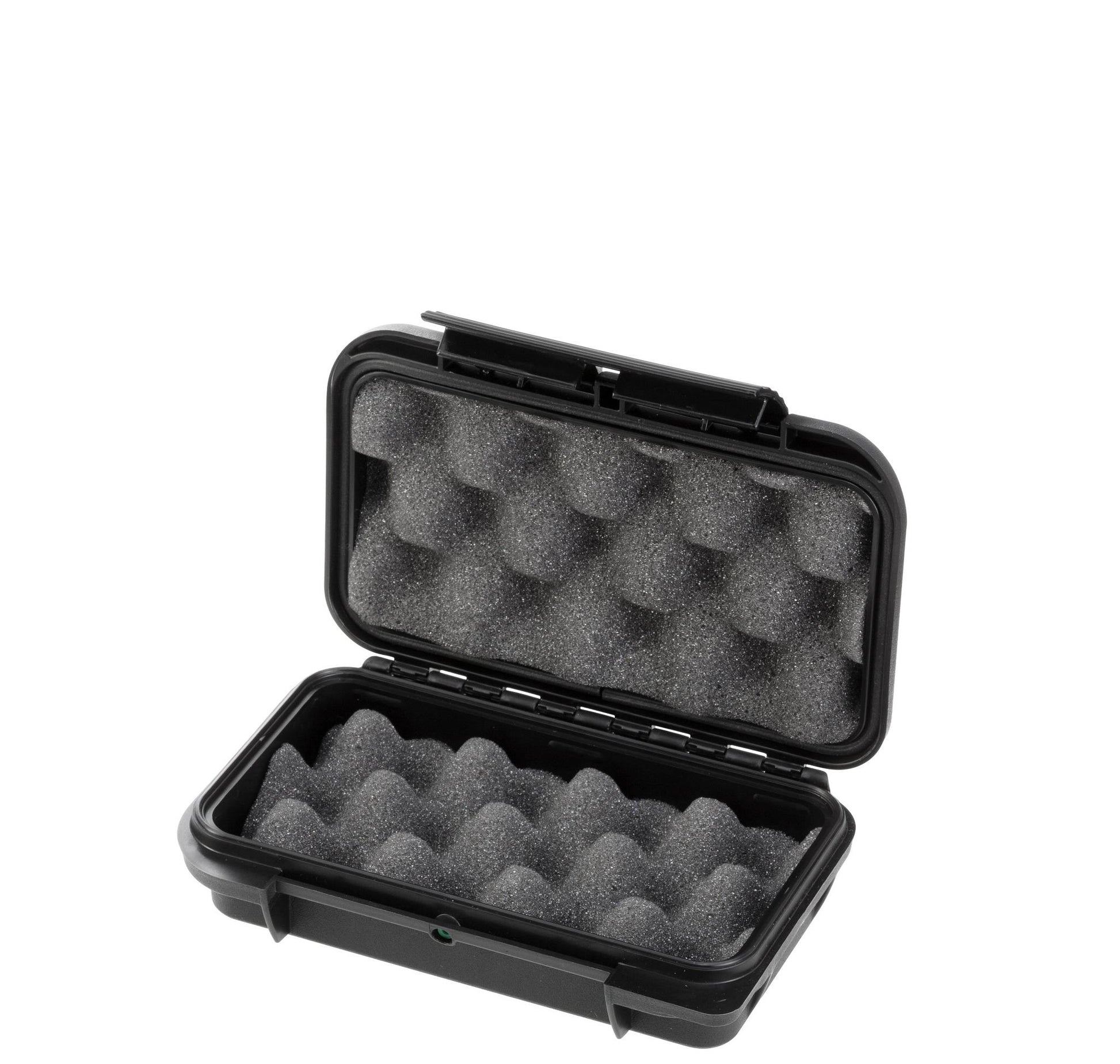 The MAX001 is a compact black case made from polypropylene copolymer, featuring an open lid that reveals egg crate-style foam padding inside.
