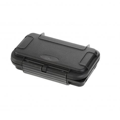 The MAX001 is a closed, rectangular black polypropylene copolymer case with rounded corners and a front snap latch, shown on a white background.