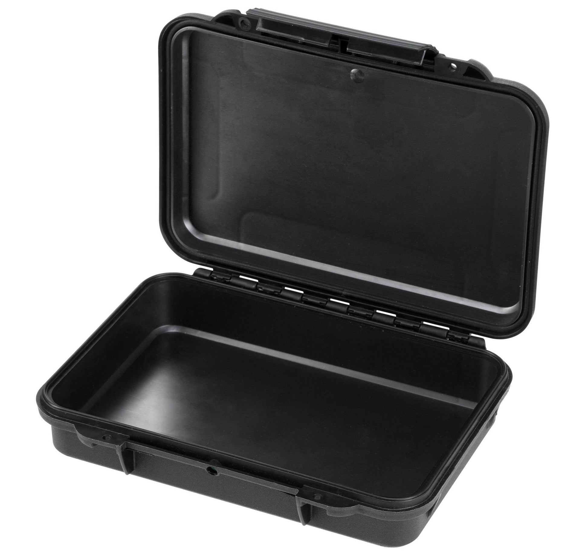 The MAX002 is a small, empty, black hard plastic waterproof case with the lid open, shown on a white background.