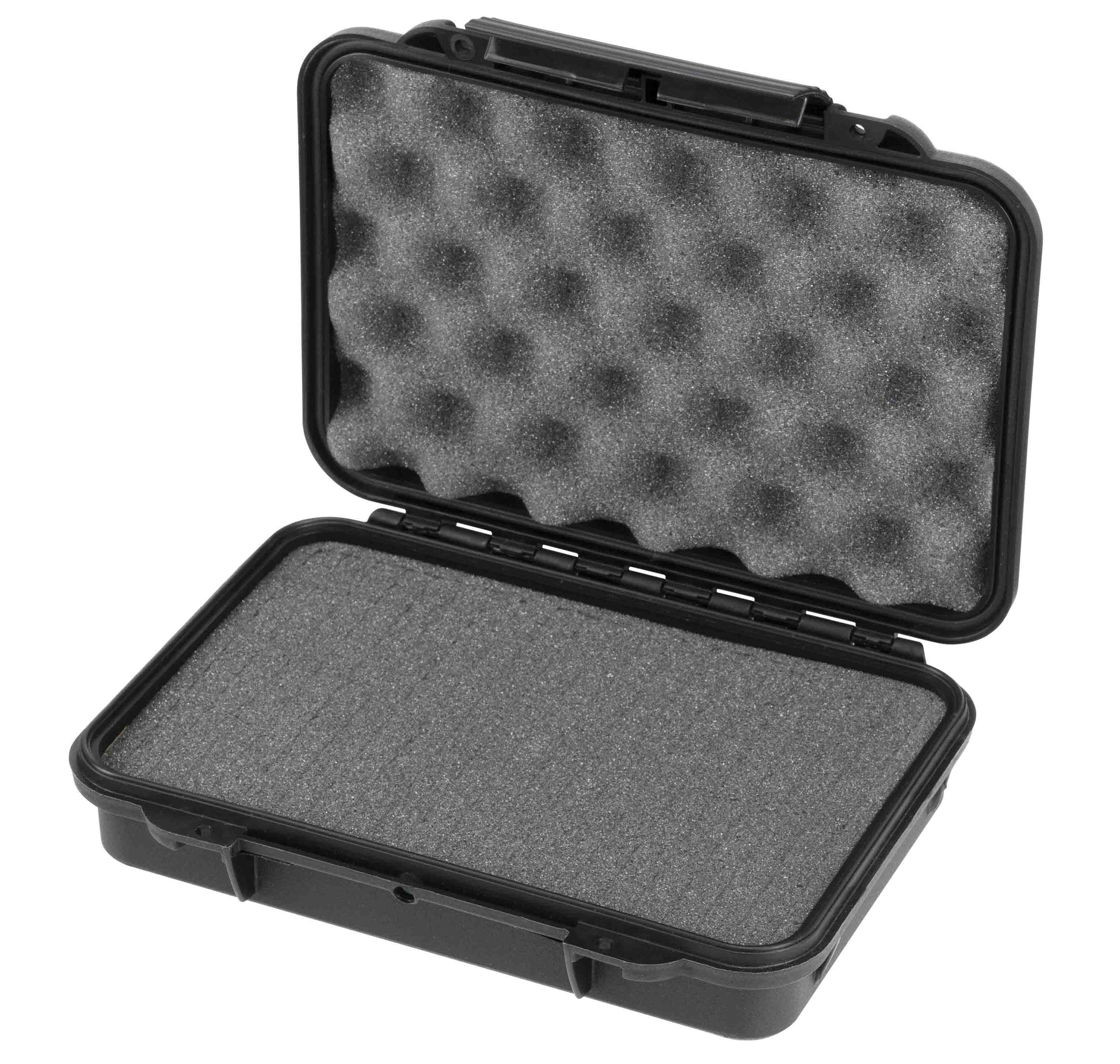 The MAX002 is a black hard plastic waterproof case with an open lid, showing foam padding inside to protect your items.