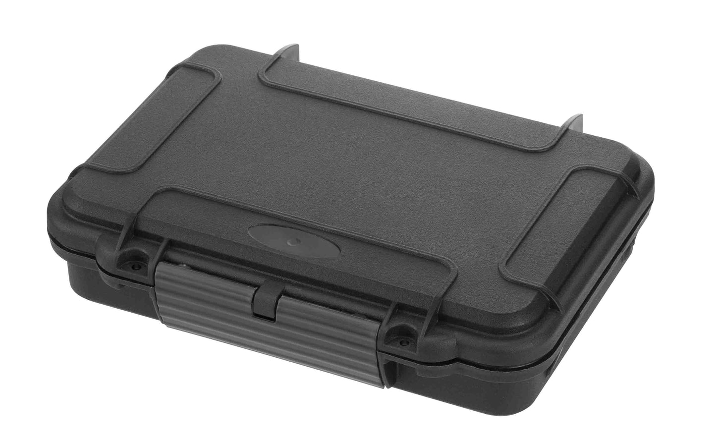 The MAX002 is a closed black hard plastic waterproof case with reinforced corners, made from durable polypropylene copolymer and featuring a secure front latch.