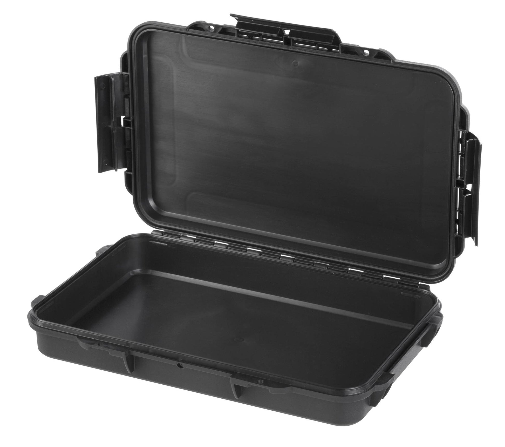 The MAX003 is a black hard plastic polypropylene copolymer case shown open with an empty interior and secure latches. This durable IP67 protective case reliably safeguards your valuables.