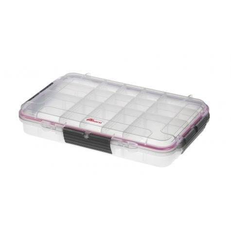 The MAX003T is a clear polypropylene copolymer case featuring multiple compartments, a black latch, and a pink gasket around the lid, ideal for organizing small items.
