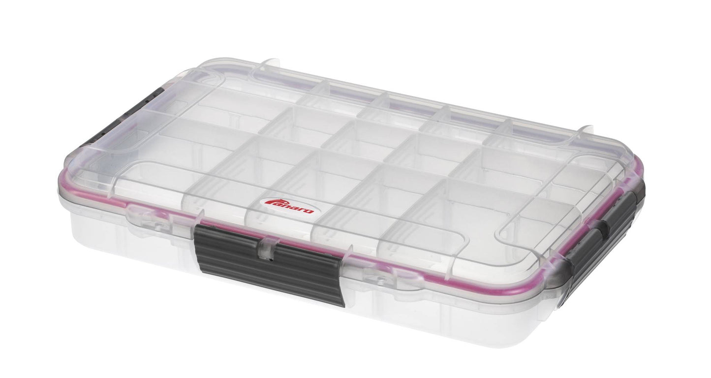 The MAX003T is a clear polypropylene copolymer case featuring a hinged lid, black latches, and several internal compartments for organizing small items.