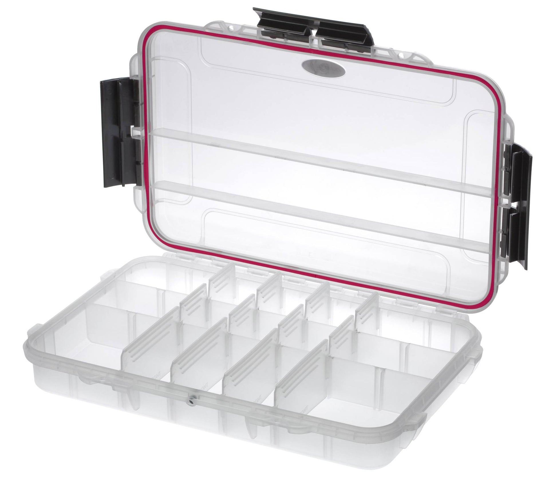 The MAX003T storage box is made of transparent polypropylene copolymer and features a hinged lid, pink seal, adjustable compartments, and black side latches—perfect for organizing tools or electronics.
