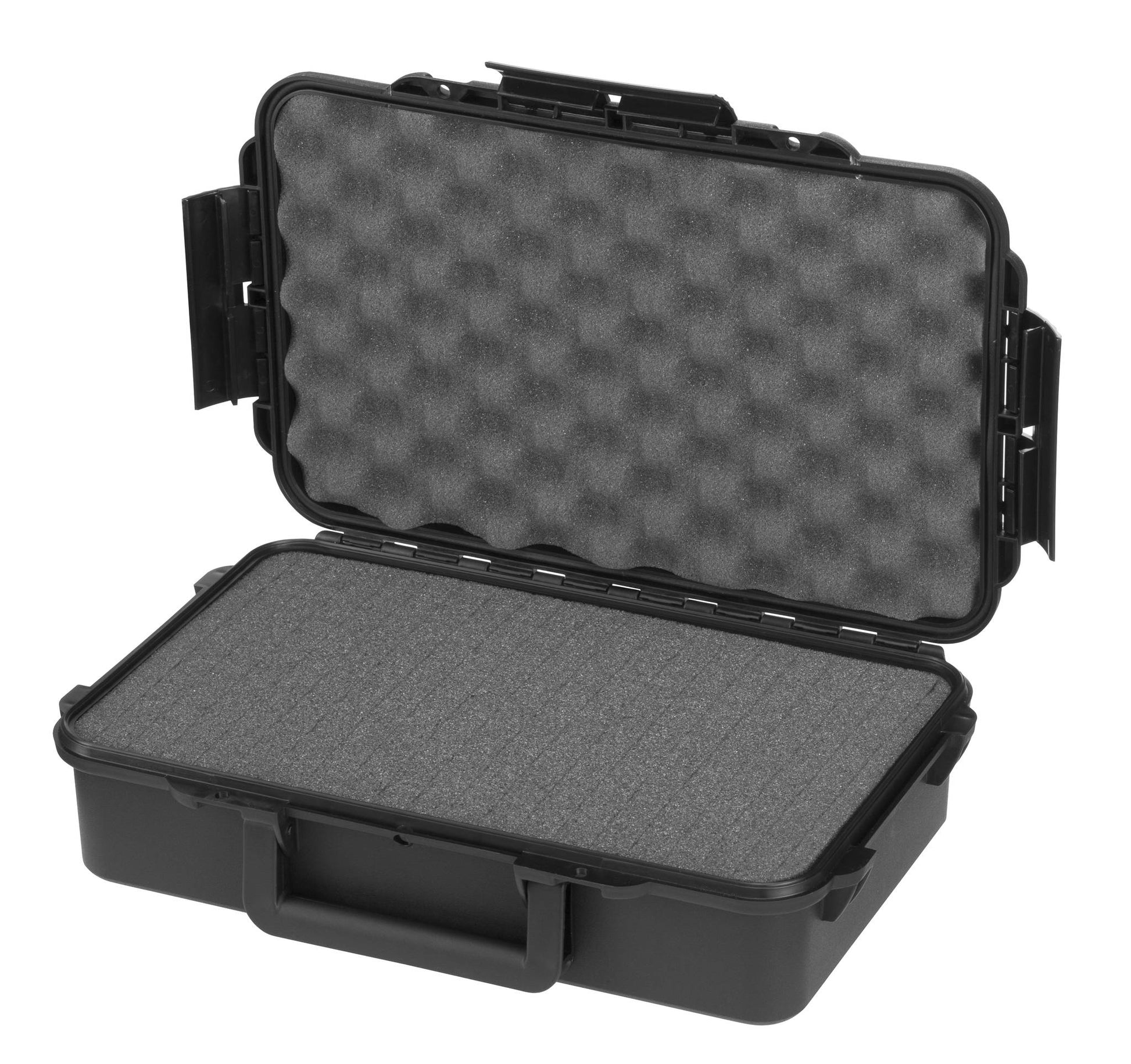 The MAX004 is a black hard-shell IP67 case with a handle, shown open to reveal foam padding in the lid and base—a rugged, waterproof storage box made from durable polypropylene copolymer.