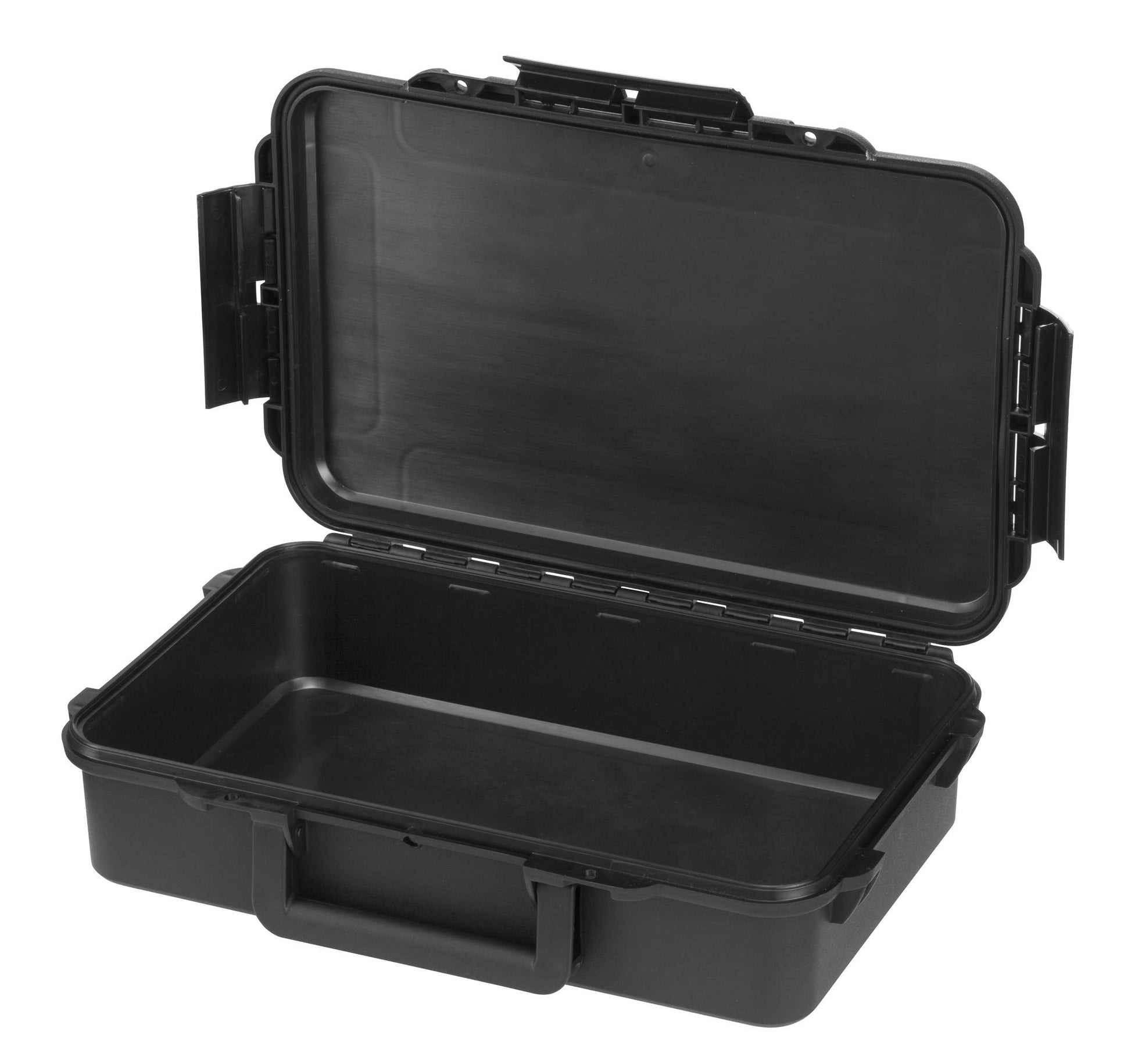 The MAX004 is a black hard plastic IP67 case with a hinged lid and empty interior, perfect for waterproof storage.
