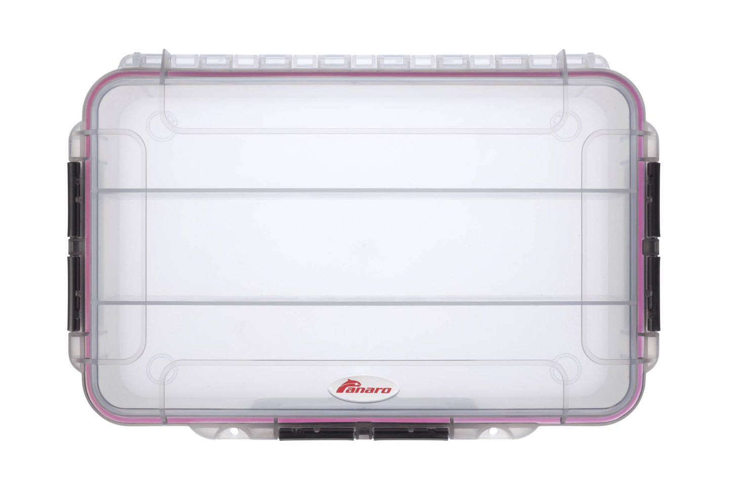 The MAX004T is a clear plastic storage box made of durable polypropylene copolymer with black side latches, a pink seal, and Panaro logo at the bottom center. Photographed from above, this IP67 waterproof case ensures secure, reliable protection.