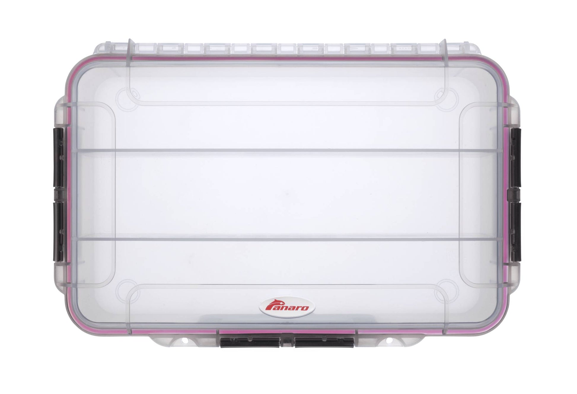 The MAX004T is a clear plastic storage box made of durable polypropylene copolymer with black side latches, a pink seal, and Panaro logo at the bottom center. Photographed from above, this IP67 waterproof case ensures secure, reliable protection.