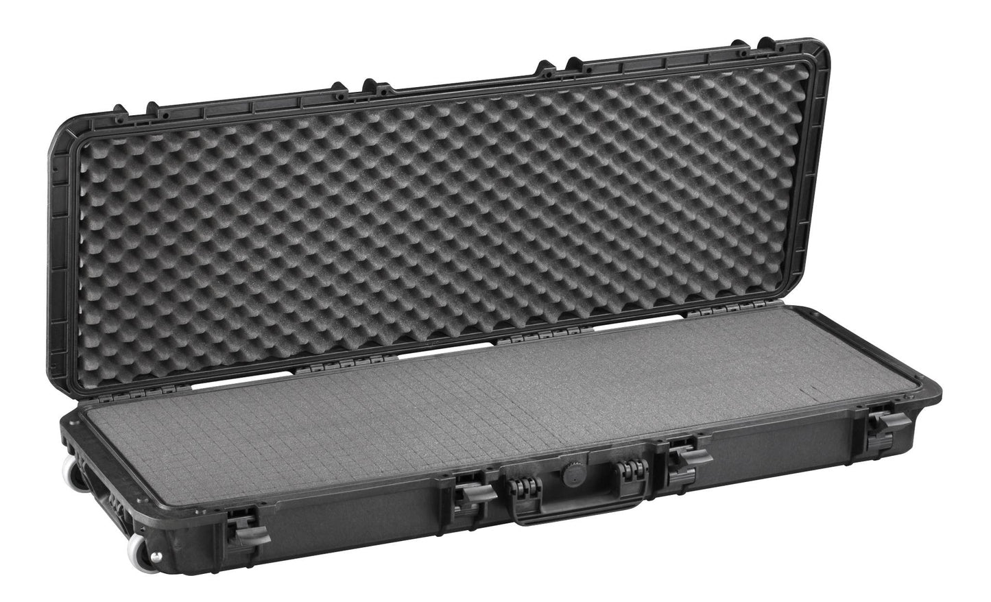 The MAX1100 is a large, black protective case featuring a hard shell and foam padding, displayed open and empty on a white background.
