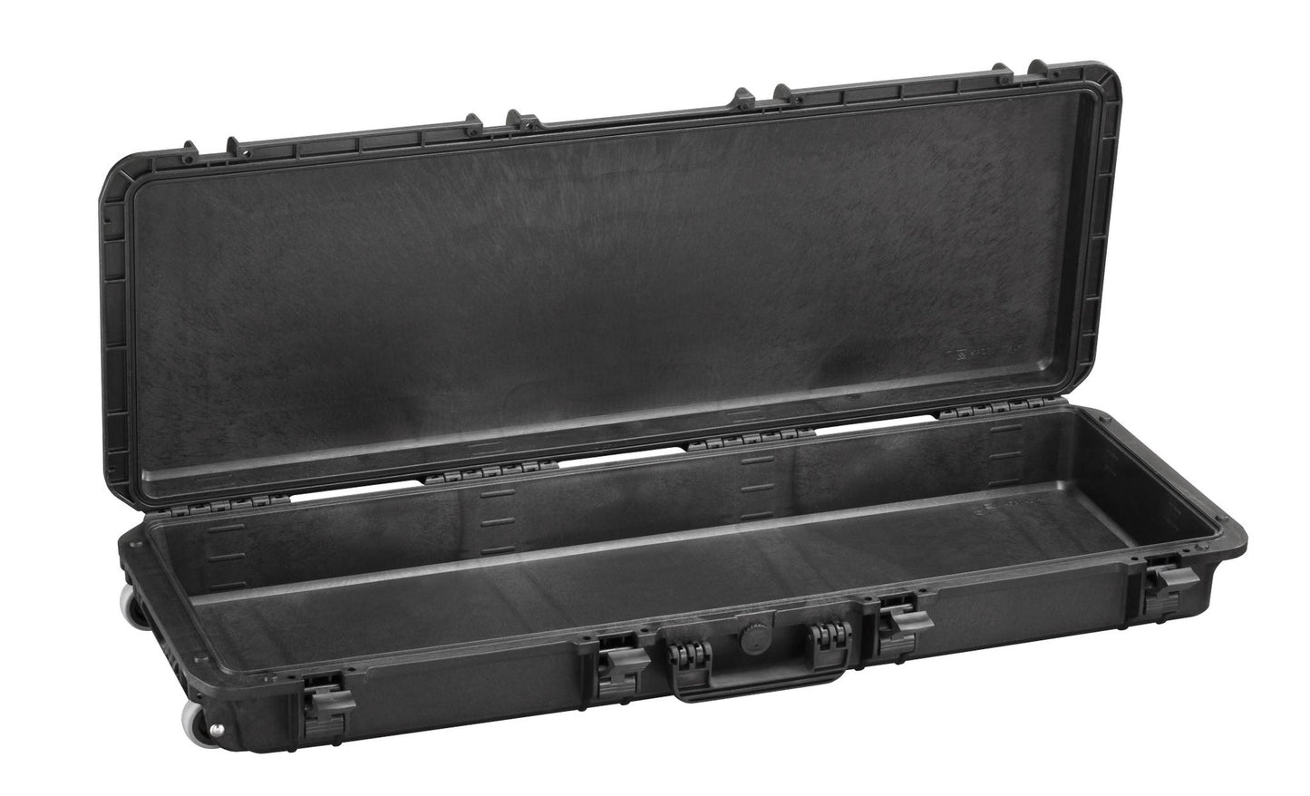 The MAX1100 is a long, black hard-shell protective case with secure front latches and an open lid revealing an empty interior.