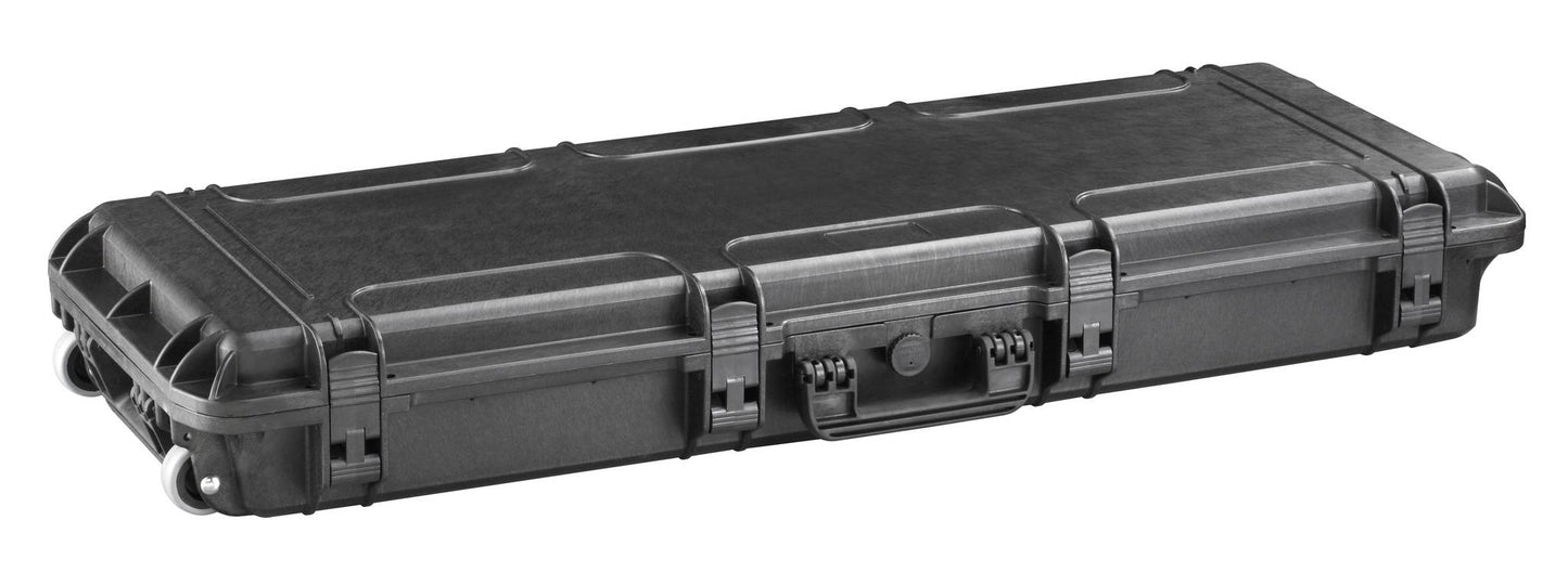 The MAX1100 is a large, hard-shell black protective case with multiple latches, a handle, and sturdy wheels, designed to securely transport and protect your gear.
