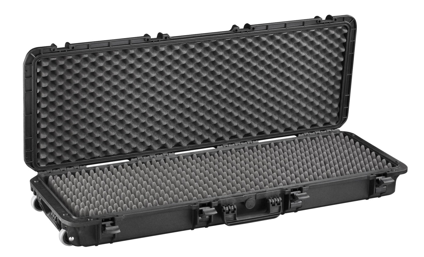 The MAX1100 is a large black protective case, shown open and empty, featuring egg-crate foam padding inside.