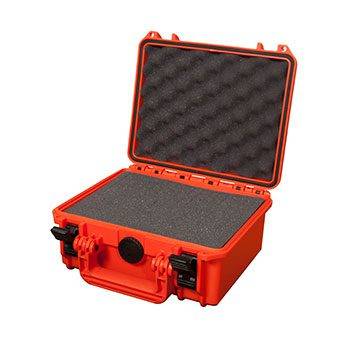 The MAX235H105 is an open orange hard plastic carrying case with foam padding, featuring a watertight seal and automatic pressure release valve for safe storage and transport of sensitive equipment.