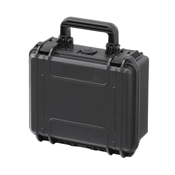 The MAX235H105 is a black hard plastic carrying case with a handle, watertight seal, and automatic pressure release valve, shown closed against a white background.