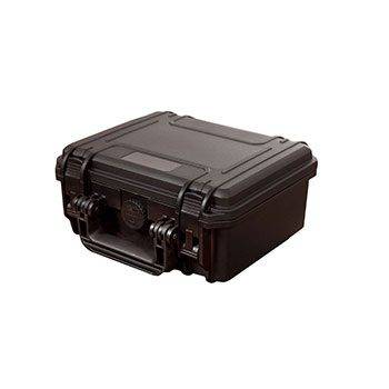 The MAX235H105 is a black hard plastic protective case with a handle and secure latches, shown closed on a white background. It features a watertight seal and an automatic pressure release valve for extra protection.