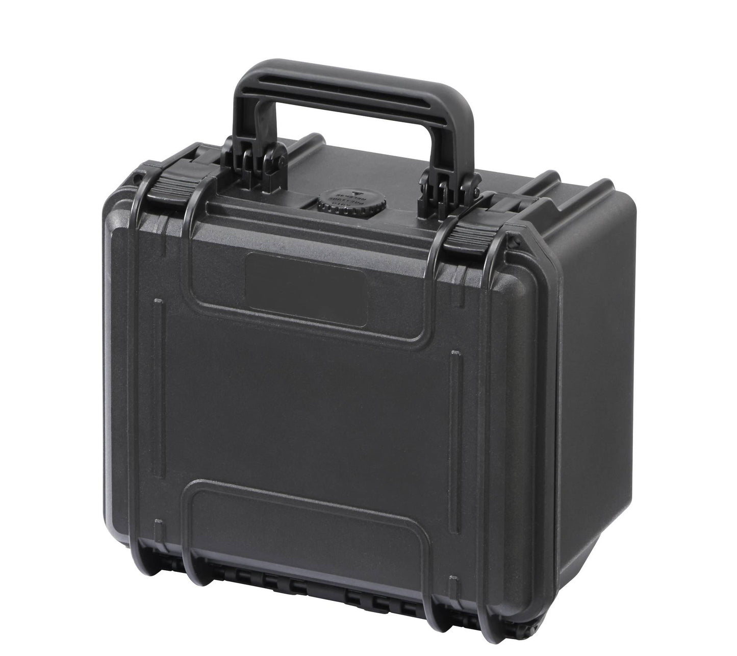 The MAX235H155 is a black hard plastic protective carrying case with a handle, secure latches, and a pressure release valve, shown closed and standing upright.