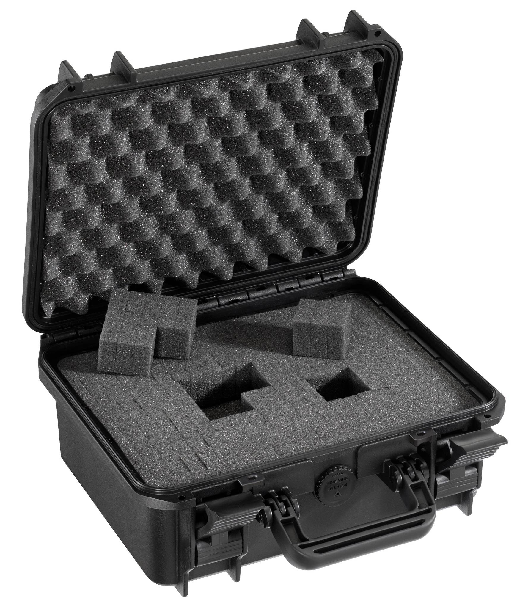 The MAX300 is a black hard-shell carrying case with customizable foam inserts, egg-crate lid lining, and a watertight seal for added protection.